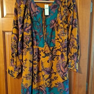 Anthropologie Mustard & Teal Floral Tassel Long-Sleeve Dress